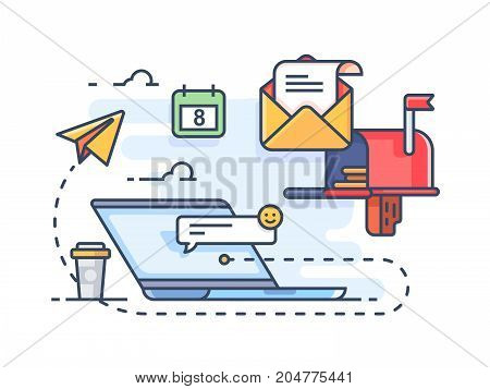 Mail marketing mailing to e-mail. Receiving messages on laptop. Vector illustration