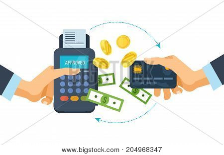 Pos terminal and payments systems. Financial transactions. Hand hold a bank card and payment terminal for the successful payment process. Credit card payment at pos terminal. Vector illustration.