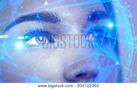 Face Of Beautiful Woman With Double Exposure Of Network Interface. Concept Of Artificial Intelligenc