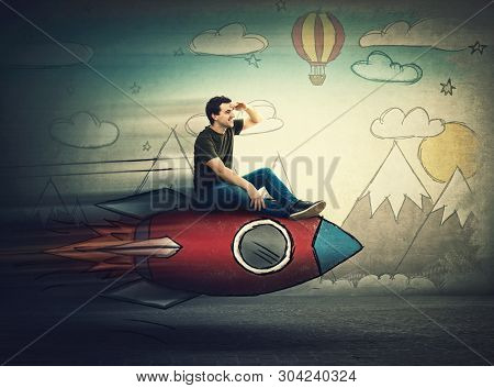 Amazed Guy Flying On A Fast Rocket Looking Hand To Forehead Looking Far Away For A Vacation Destinat