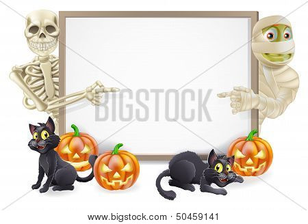 Halloween Sign With Skeleton And Mummy