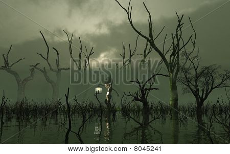 Will O' The Wisp in a misty swamp