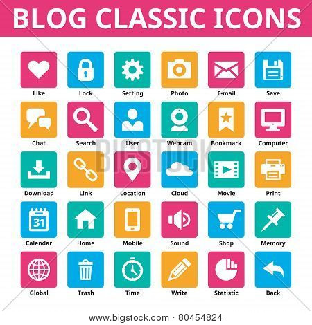 Blog classic icons. Vector icons set. Minimal icons in flat color. Social media vector icons set. De