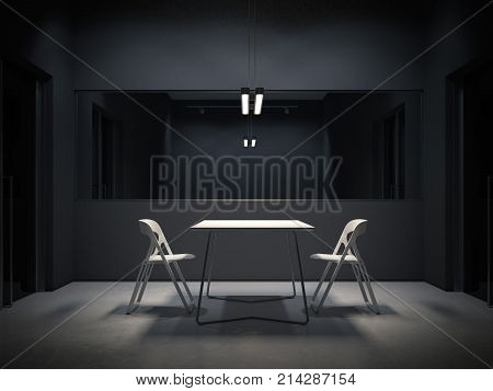 Dark room for interrogation with two white chairs. 3d rendering