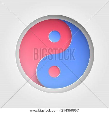 Yin and yang sign icon. Cutout paper background. Harmony and balance symbol Yinyang. Hot and cold colors