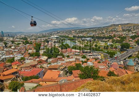 TBILISI, GEORGIA - 31 July 2017: Panoramic View over Tbilisi City Center in the Capital of Georgia country