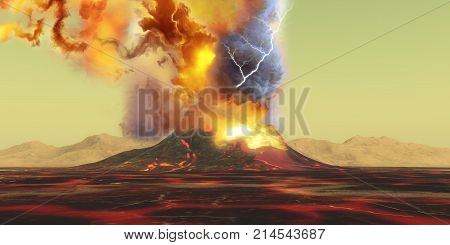 Volcano Eruption 3d illustration - A volcano erupts with a burst of smoke fire and ash as the landscape becomes rivers of molten lava.