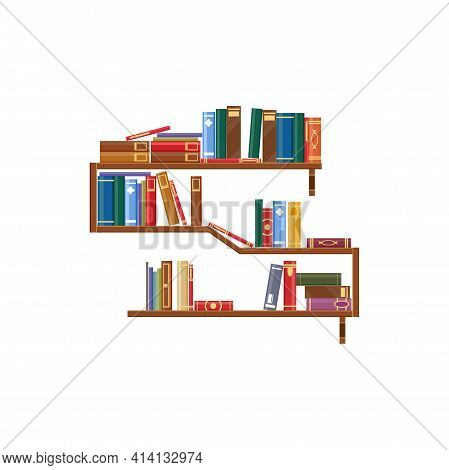 Bookshelf With Books Isolated Bookcase With Rack Of Textbooks. Vector Library Shelves, Wooden Booksh