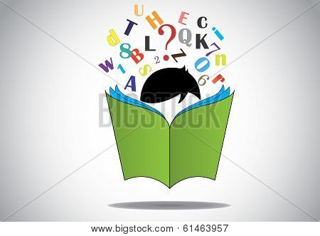 Young Smart Boy Kid Reading 3D Green Open Book Education Concept