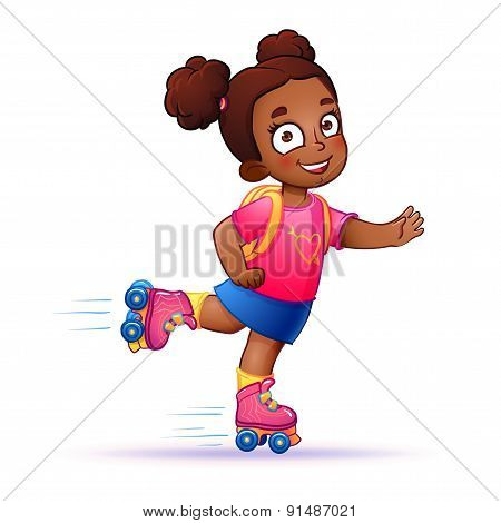 Little girl dark skin rides on roller skates.