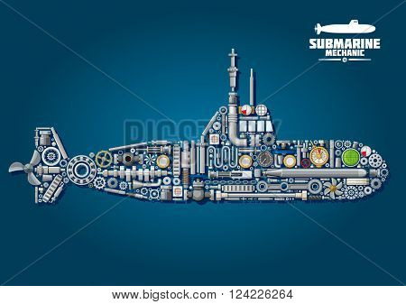 Submarine mechanics scheme with underwater warship composed of weapon and details such as propellers and gears, chains and bearings, sonar and periscope, torpedo and engine order telegraph, portholes, cranks and gauges