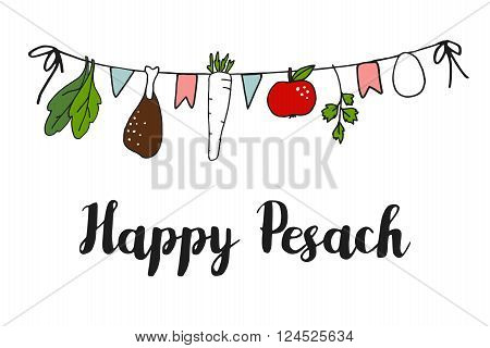 Pesach Passover greeting card banner with hand drawn seder garland string decoration vector doodle illustration background