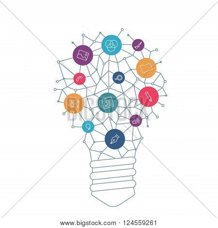 Ideas for UX designer. Tools and services for network designers. Light bulb with icons in flat style for UX tools programs slides. Vector illustration concept of UX thought and UX enlightenment.