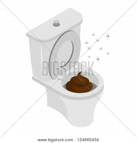 Dirty Toilet Isolated. Shit In Toilet. Turd In Toilet. Latrine. Stench And Flies