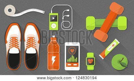 Fitness and healthy lifestyle banner with sports equipment and healthy snacks weight loss and wellness concept