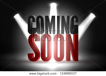 Coming soon in stage spotlight on dark background. Vector scene illuminated spotlight. Spotlight background vector. Coming soon on a show scene spotlight. Spotlight glow effect stage background.