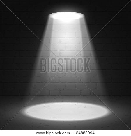 Stage spotlight on dark grunge background. Vector scene illuminated spotlight. Stage spotlight. Spotlight background vector. Show scene spotlight. Spotlight glow effect background. Spotlight on stage.