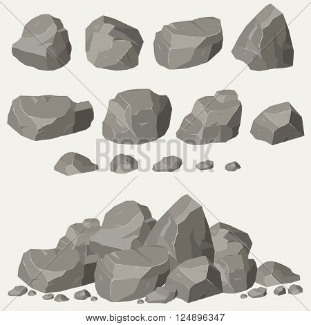 Rock stone set cartoon. Stones and rocks in isometric 3d flat style. Set of different boulders