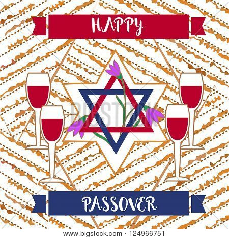 Happy Passover poster, card. Matzah bread, wine for Passover, Pesach celebration. Idea for card with kosher matzoh, decoration, invitation for family pesach seder dinner. Vector illustration.