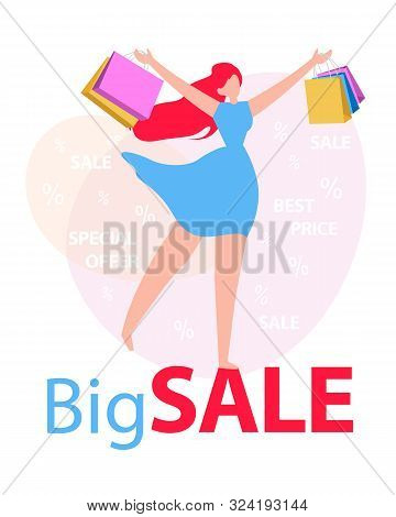 Big Sale Banner. Best Price, Special Offer Flat Cartoon Vector Illustration. Woman In Dress Holding 