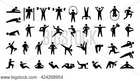 Human Sport Icons. Training Persons Silhouettes. Signs Of People Doing Fitness And Weightlifting Exe