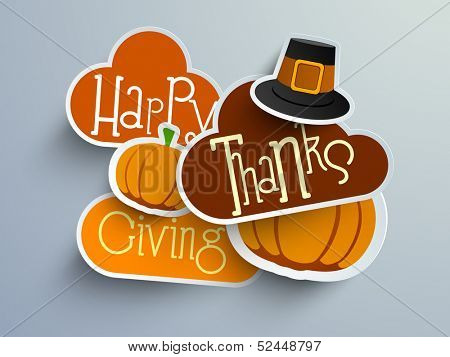 Colorful sticker, tags or labels for Happy Thanksgiving with pumpkin and pilgrim hat.