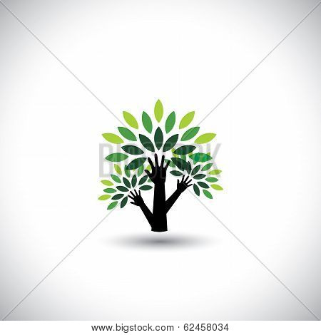 Recycling, Eco Tree Hand With Leaves, Helping Nature - Concept Vector