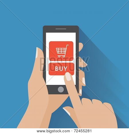 Hand holing smart phone with buy button on the screen