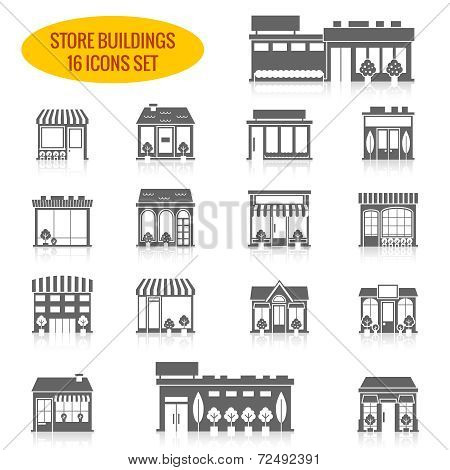 Store building icons set black