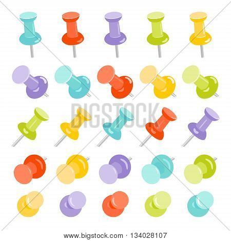 Realistic set of push pins in different colors on white background. Pins stationery products. Thumbtacks. Top view. Vector illustration.