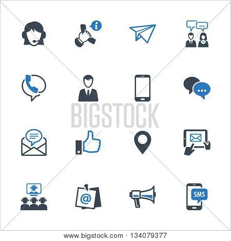 Contact Us Icons Set 4 - Blue Series. Set of icons representing customer assistance, customer service and support.