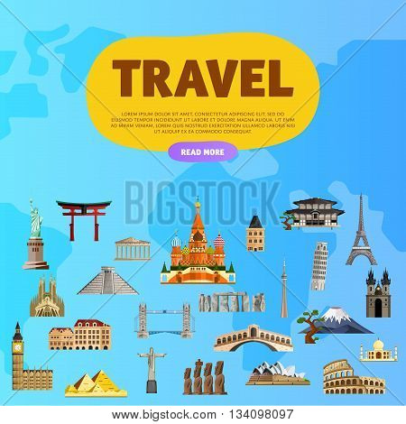 World travel and tourism concept flat vector. Famous world buildings. World travel landmark and famous travel place. Vacation travel architecture in cartoon style. World travel background. Travel banners. Travel background for traveling agency. Travel.