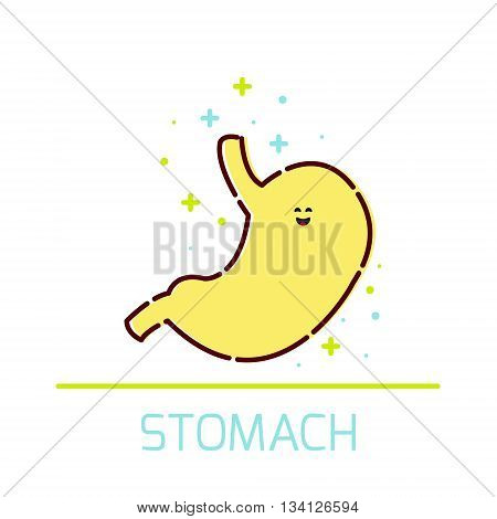 Cute healthy stomach icon made in cartoon style. Stomach cartoon character. Human body organs anatomy icon. Medical human internal organ symbol. Medical concept. Vector illustration.