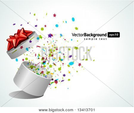 Open explore gift with fly stars vector background. Eps 10