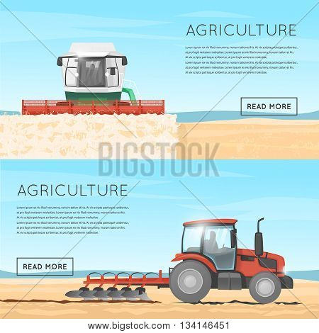 Tractor, combine. Agriculture. Agricultural vehicles. Harvesting, agriculture. Farm. Tractor processes the earth. Equipment for agriculture. Combine for harvesting. Flat design vector illustration.