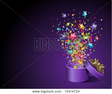 Open explore gift with fly stars vector background. Eps 10