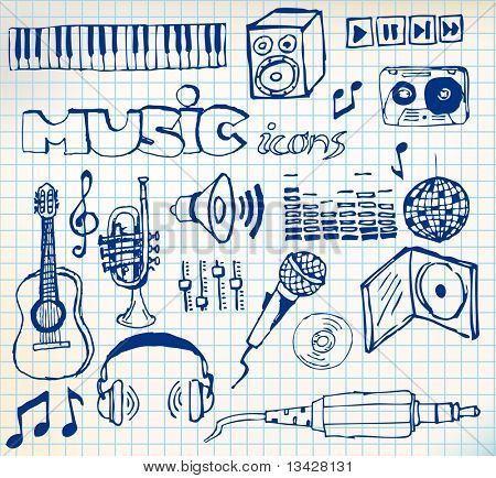 Set di musica icone disegnate a mano su carta quadrato (vector)