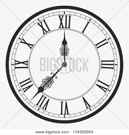 Black wall clock Roman numeral, old vintage clock-face vector