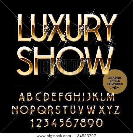 Vector set of alphabet letters, numbers and punctuation symbols.  Gold emblem with text Luxury show