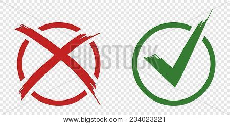 Acceptance And Rejection Symbol Vector Buttons For Vote, Election Choice. Circle Brush Stroke Border