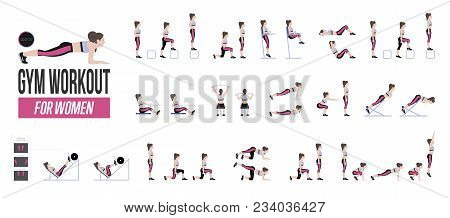 Set Of Sport Exercises. Exercises With Free Weight. Exercises In A Gym. Illustration Of An Active Li