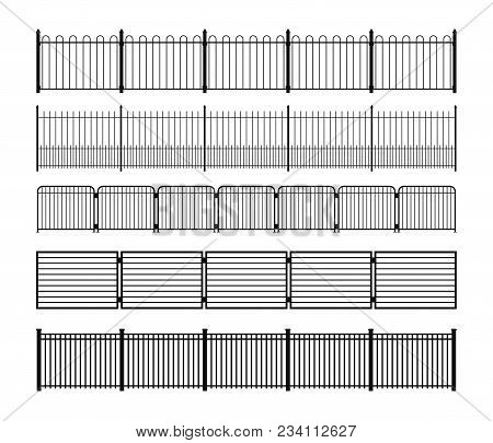 Set Of Different Simple Modular Metal Fence Silhouettes. Vertically Seamless Metal Fence Elements. B