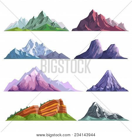 Mountain Nature Flat Isolated Icons. Vector Set Of Alpine Mountain Rocks, Mount Peaks In Snow Or Roc