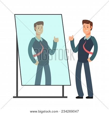 Cartoon Businessman Loves To Look At His Reflection In Mirror. Egoistic Person Vector Consept. Busin