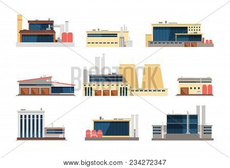 Industrial Factory, Power Plant And Warehouse Buildings. Industrial Construction Vector Flat Icons. 