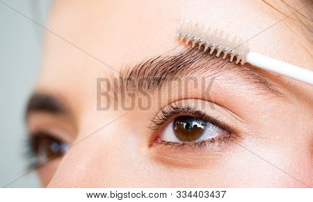 Eyebrows Close Up. Beautiful Girl Applies Brow Gel To Her Eyebrow. Close Up Portrait Of Young Caucas