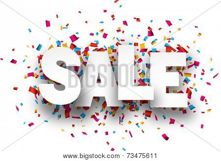 White sale sign over confetti background. Vector holiday illustration. 