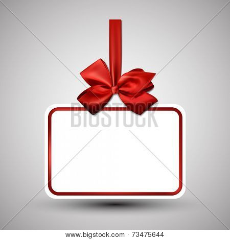 Christmas gift card with red ribbon and satin bow. Vector illustration.