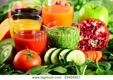 Glasses Of Fresh Organic Vegetable And Fruit Juices