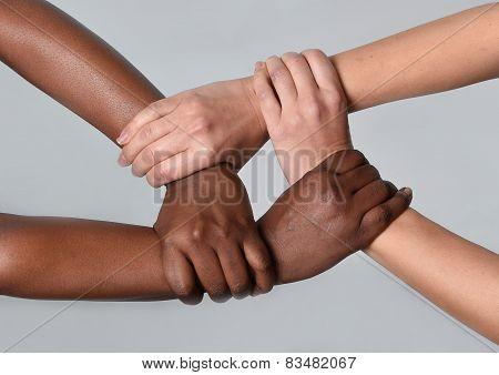 White Caucasian Female And Black African American Hands Holding Together Against Racism And Xenophob